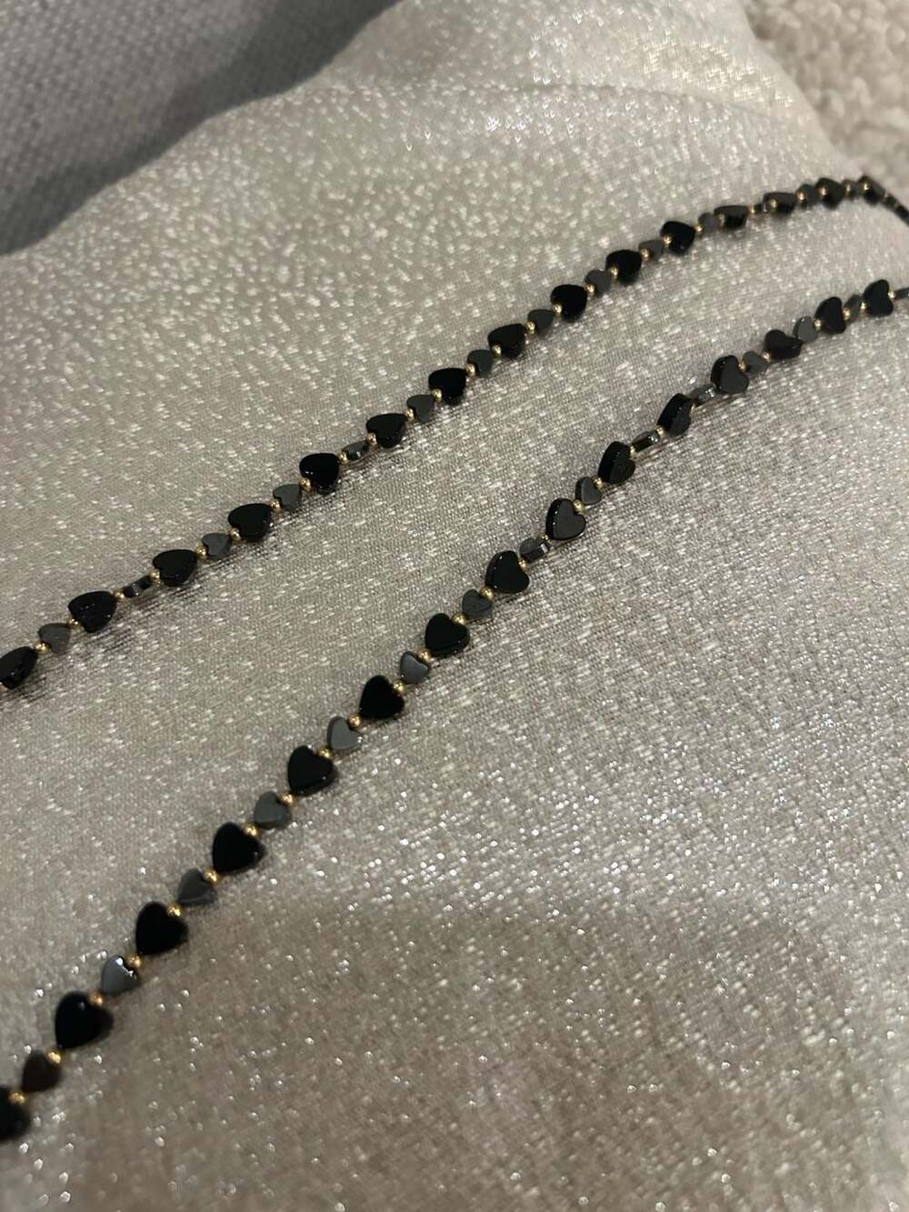 Heart Shaped Carved Hematite and Gold Plated Bead Long Necklace